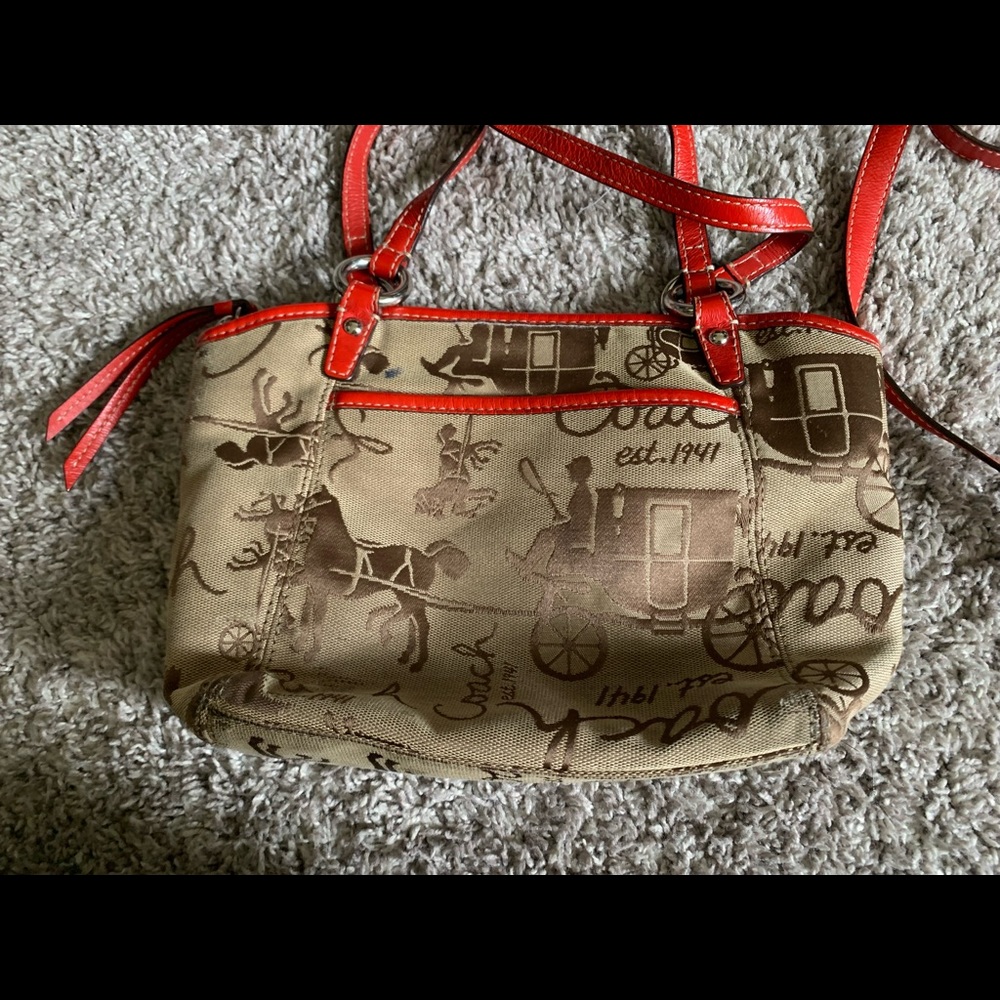 Coach purse with red and tan carriage print. - Picture 2 of 5